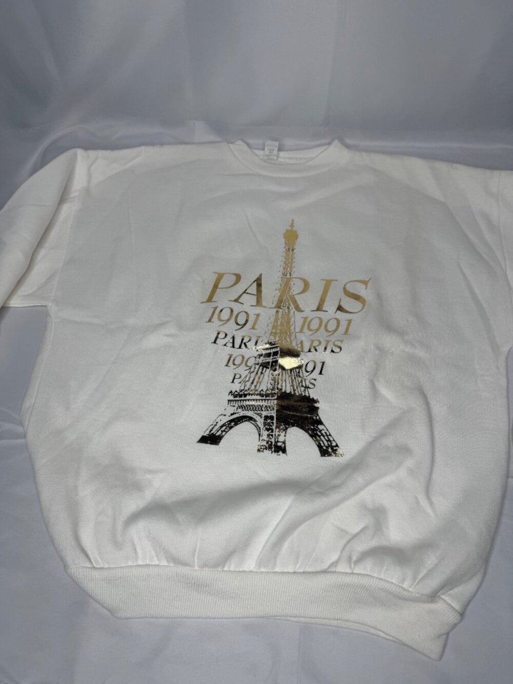 Paris Eiffel Tower Graphic Sweatshirt 1991 White Gold Unisex Crewneck Pullover L - Picture 3 of 6